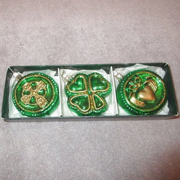 Vtg Blown Glass Chrismtas Ornaments Glitter Irish Celtic Cross Claddagh Shamrock - Picture 9 of 10